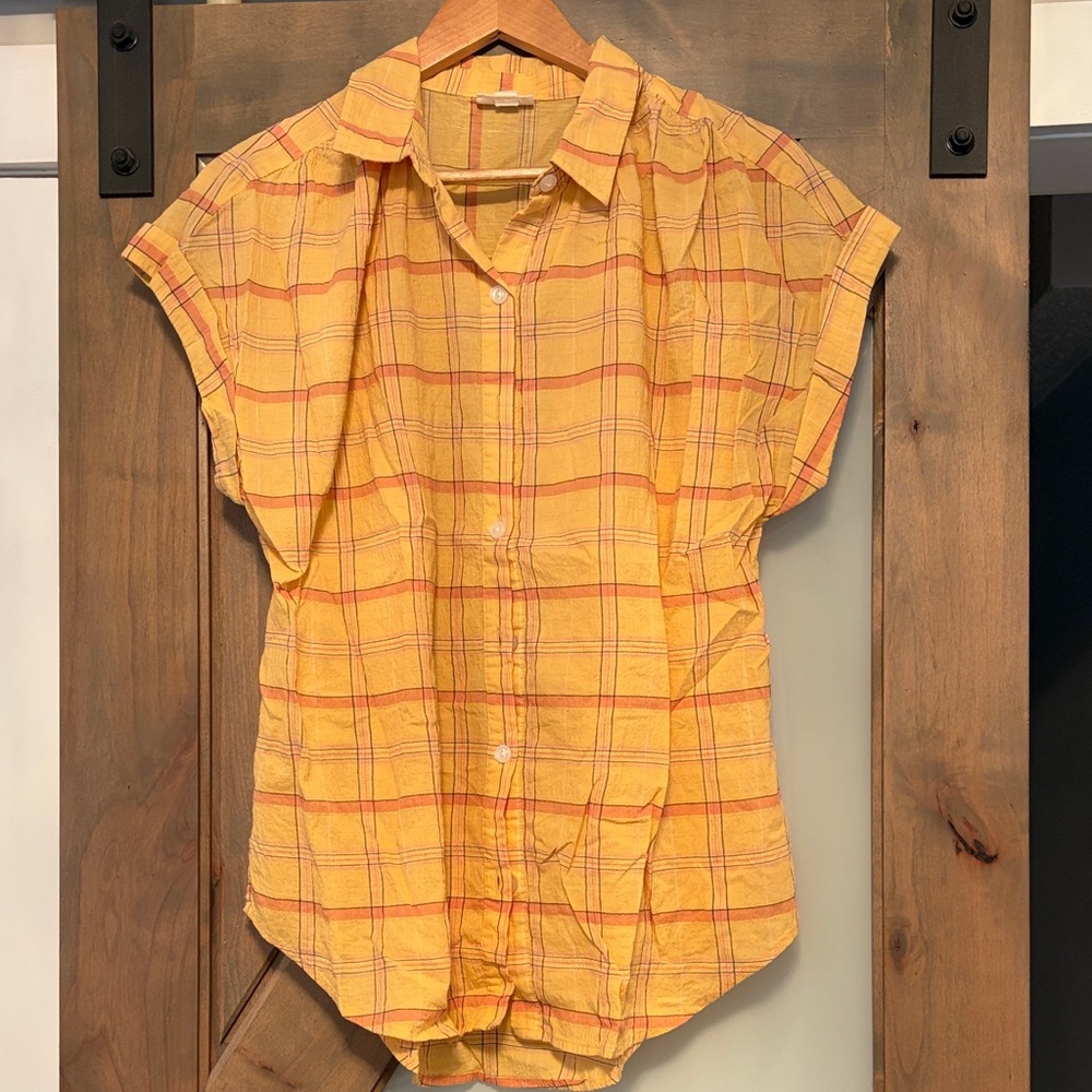 Casual Yellow Plaid Short-Sleeve Button-Down Shirt Women’s M
